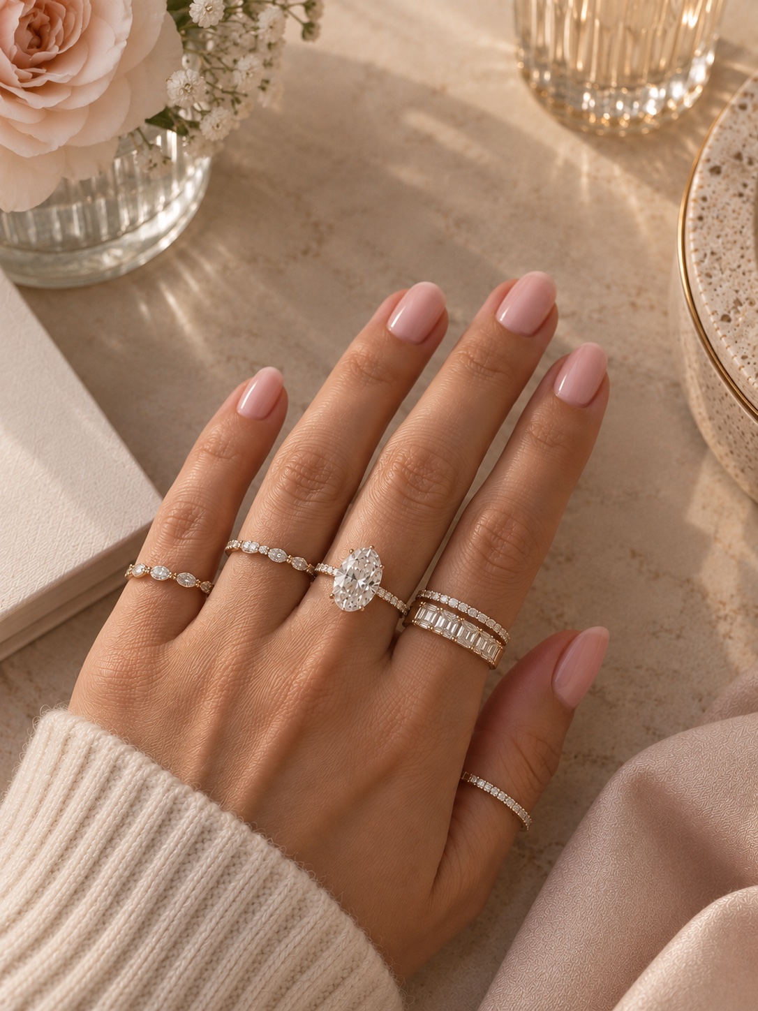 Hand wearing a stack of lab-grown diamond rings, including an oval solitaire engagement ring and a baguette eternity band