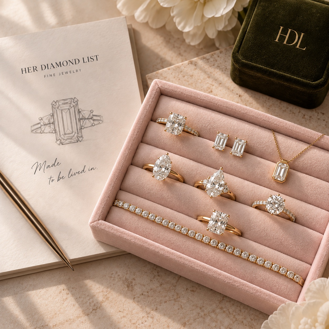 Her Diamond List sketch pad beside a pink jewelry box holding engagement rings, stud earrings, a pendant necklace, and a diamond tennis bracelet