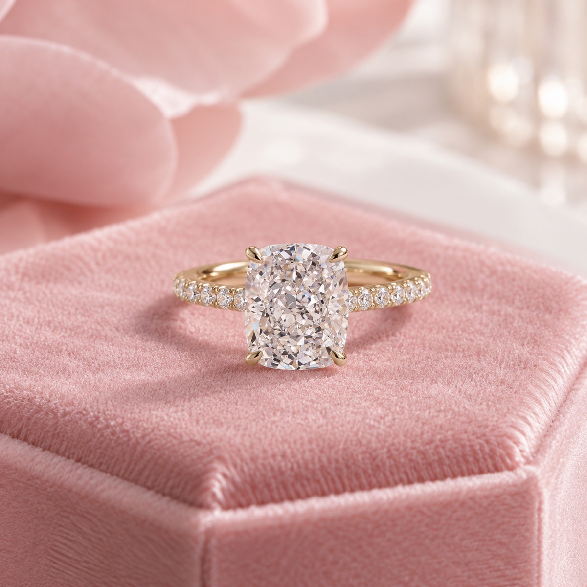 Cushion-cut diamond solitaire engagement ring with a pavé gold band