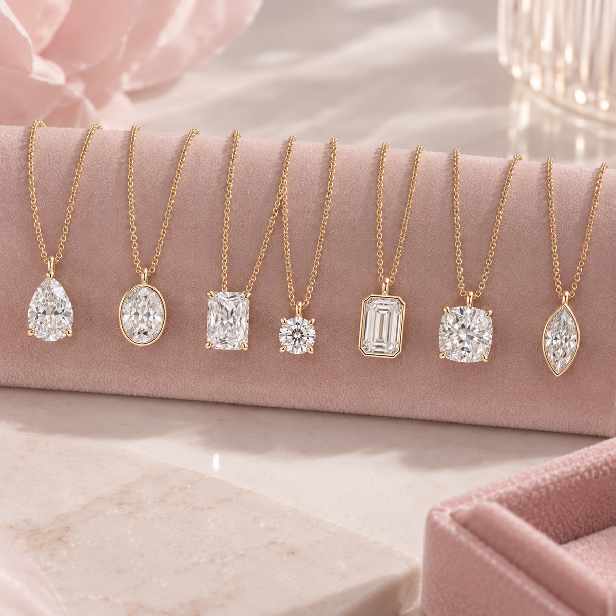 Diamond solitaire pendant necklaces in seven cuts on gold chains