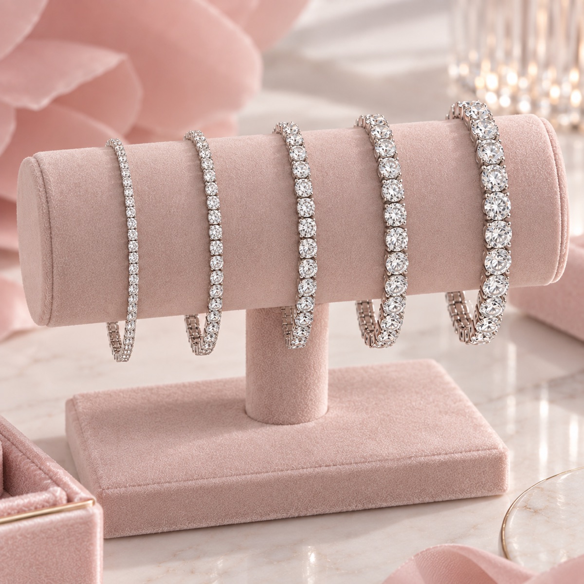 Diamond tennis bracelets in graduating stone sizes on a jewelry display