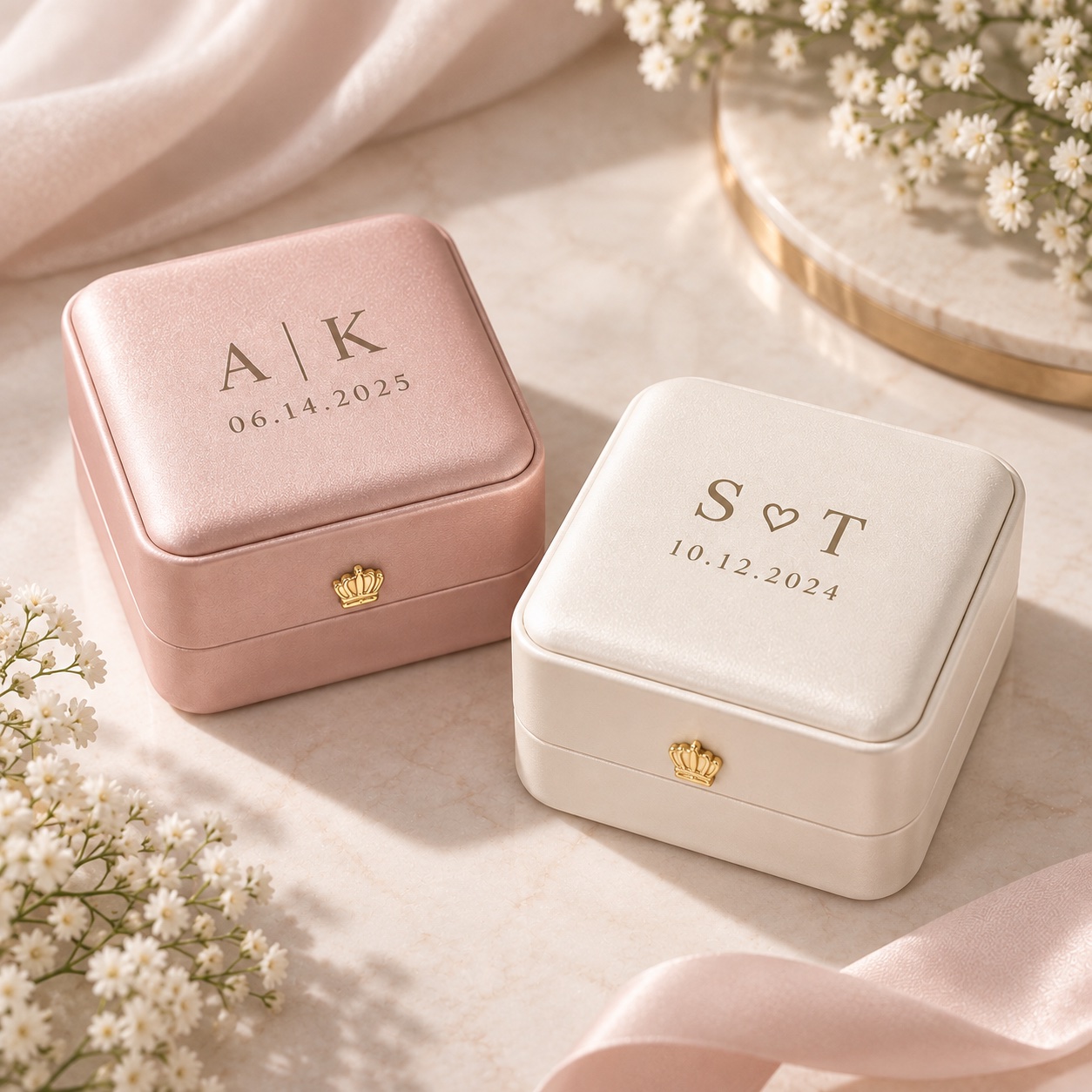 Personalized ring boxes engraved with initials and a date