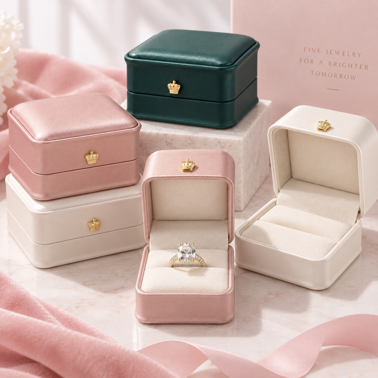 Ring boxes in pink, cream, and green leather with gold crown details